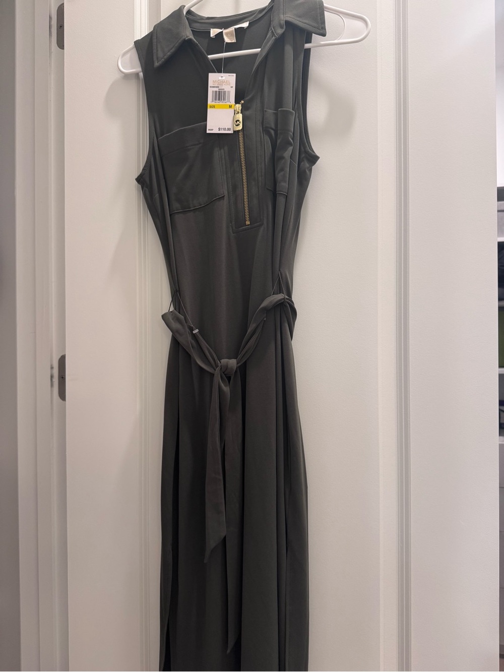 Michael Kors Olive Green Sleeveless Zip-Front Maxi Dress with Tie Waist